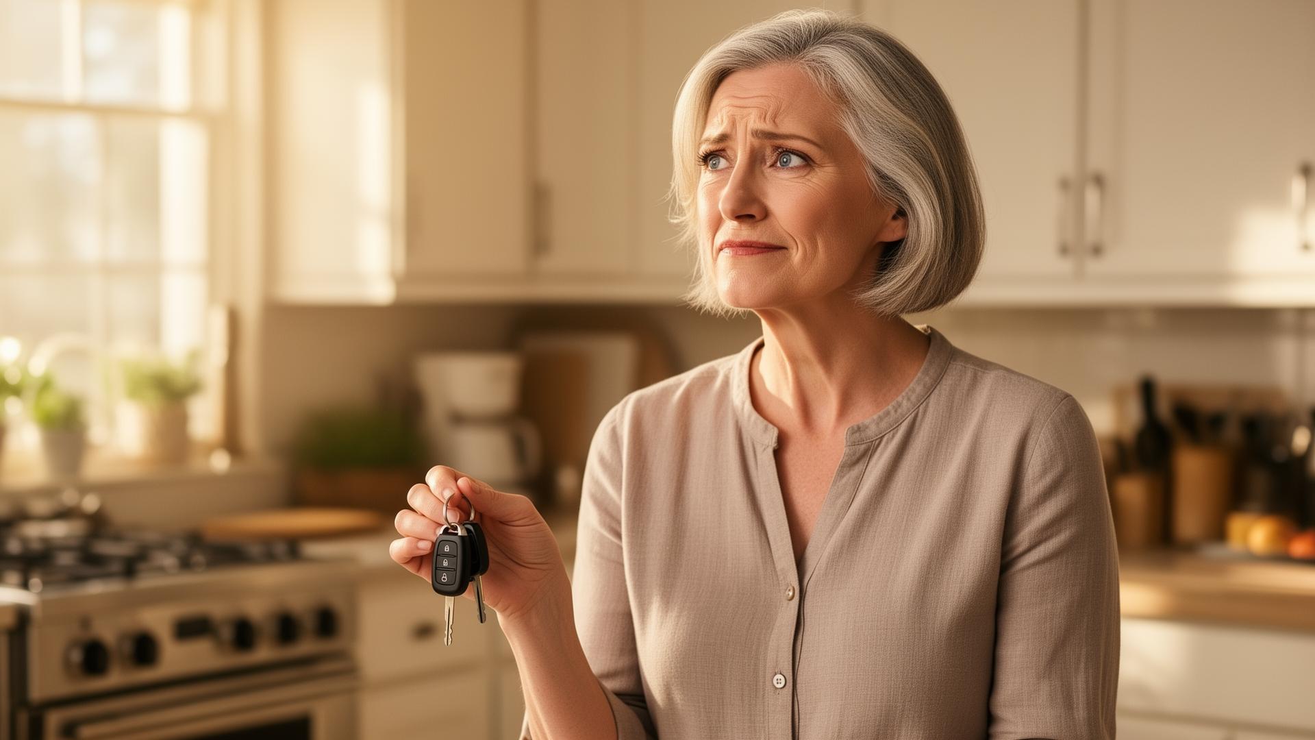 A woman in her sixties pausing in her kitchen, trying to recall something
