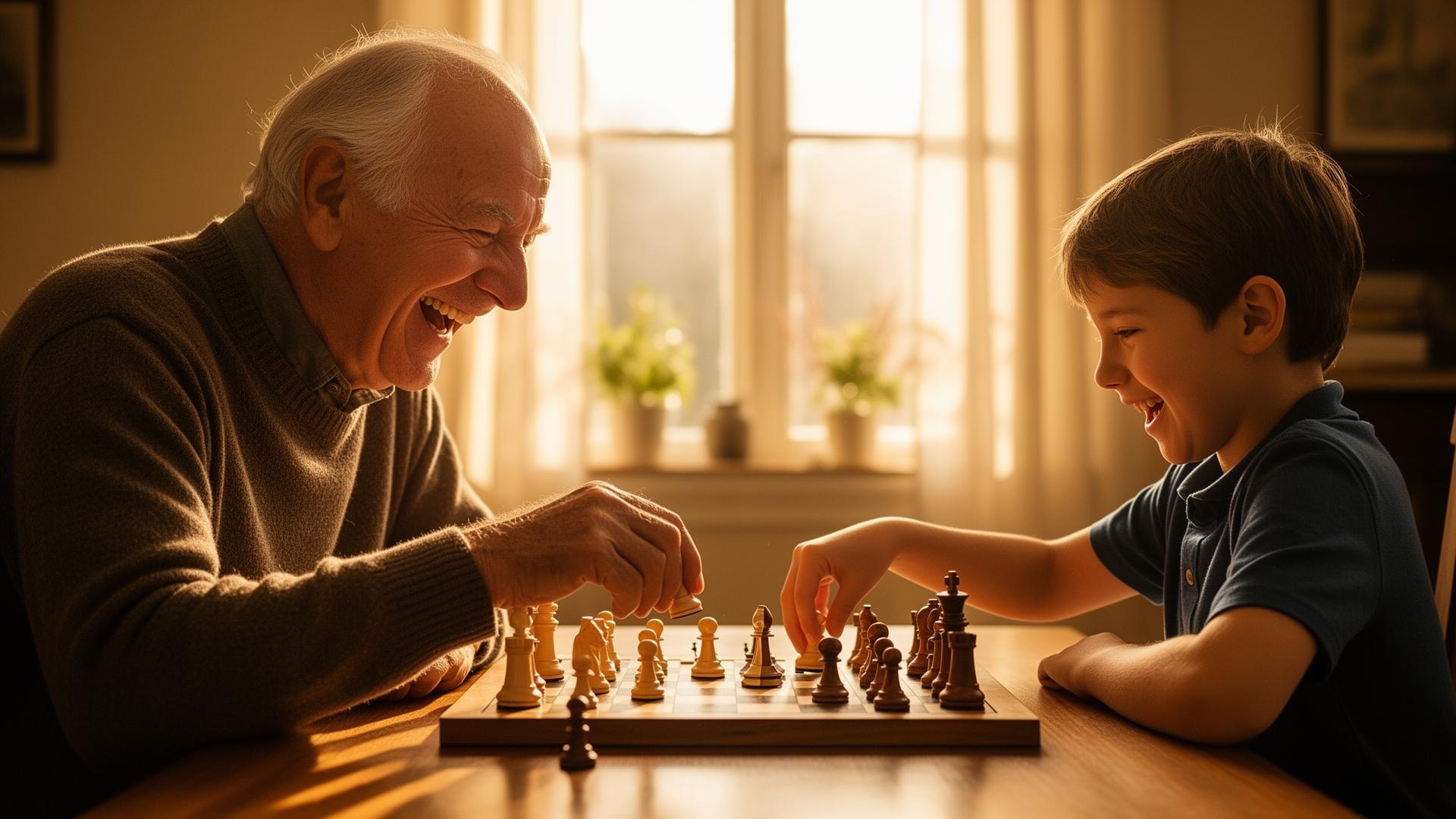 A grandfather laughing with his grandson over a chess game