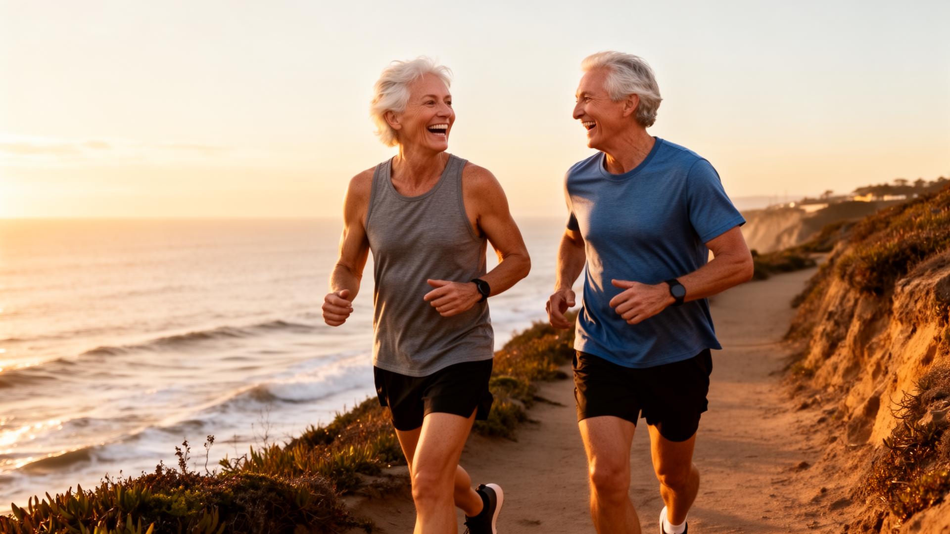An active couple in their sixties running along a coastal path at sunrise